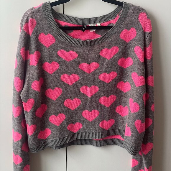 H&M Grey Sweater with Pink Hearts - Size L - Picture 1 of 3